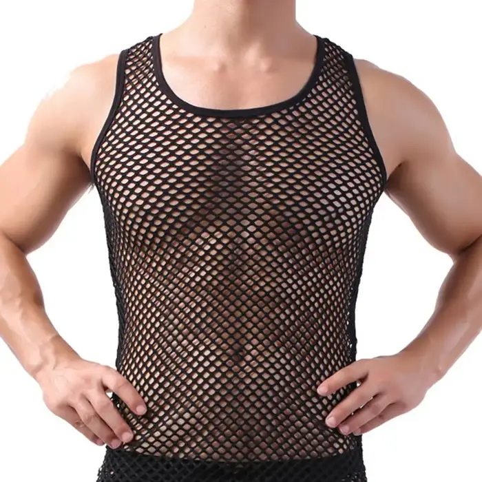 Débardeur pour homme, sous-vêtement, chemise en maille de nylon transparente à manches longues, t-sh