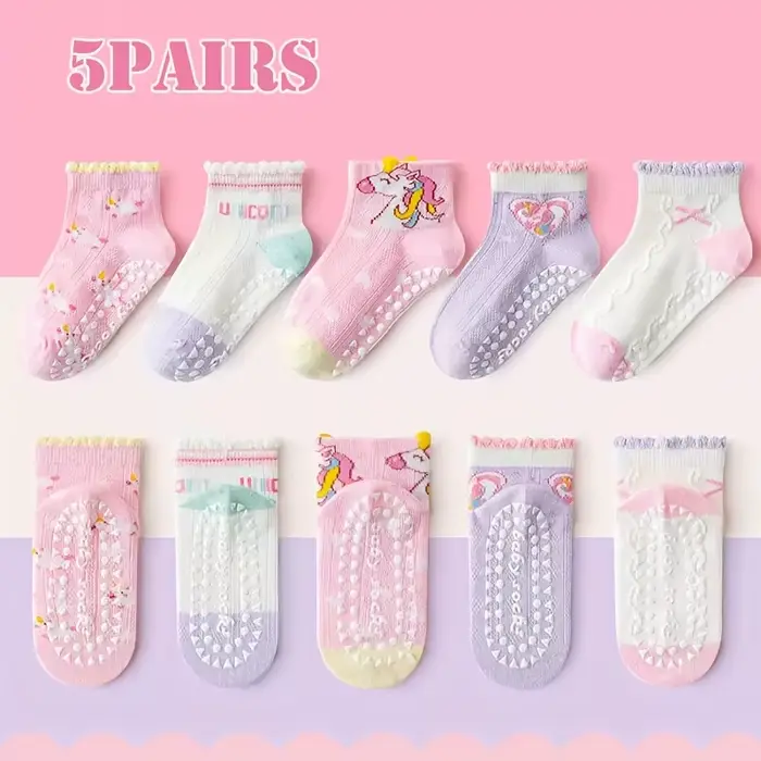 5 chaussettes pour filles à double maille, design licorne avec colle, tube court antidérapant, pour 