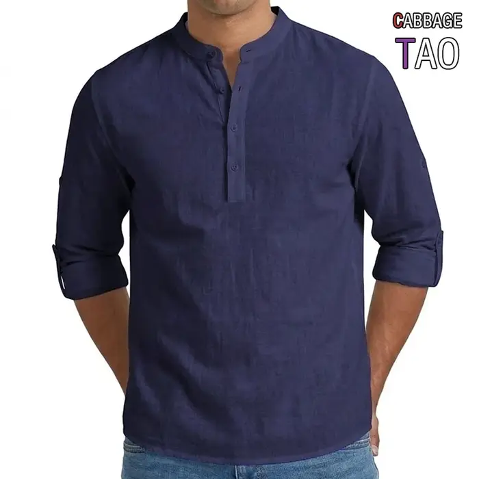 Chemises pour hommes en mélange de lin de qualité supérieure, hauts Henley à manches longues, style 