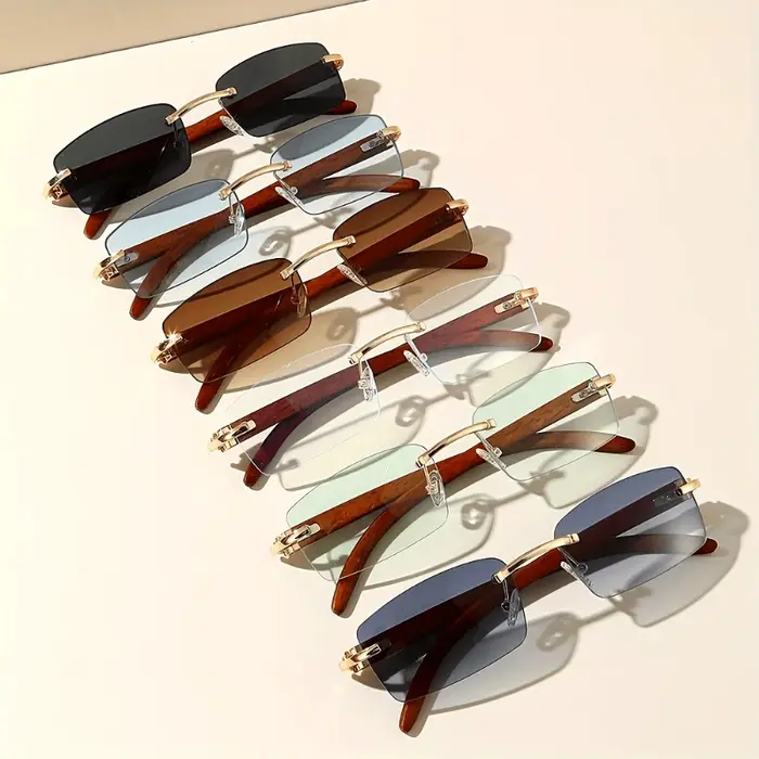 Lunettes sans monture Hiking 6pcs unisex - Protection UV et style bois grainé pour hommes et femmes