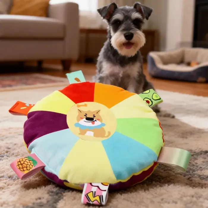 Jouet en peluche sonore pour chien, jouet frisbee de dessin animé avec clochette, jouet à mâcher pou