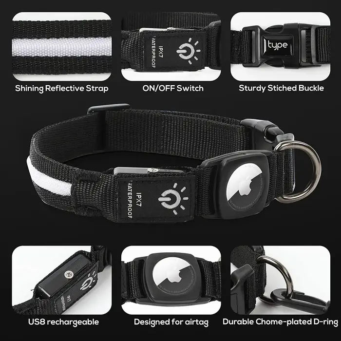 Collier de chien LED pour Apple Airtag Finder, lumière étanche, collier Airtag aste par USB, accesso