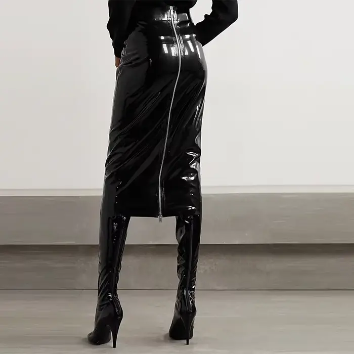 Jupe Misi en Faux Latex pour femmes, taille haute, en cuir verni brillant, crayon, fermeture éclair,