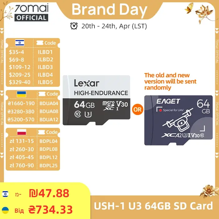 Carte Micro SD haute précision 32 go 64 go 128 go TF USH-3 pour caméra de tableau de bord 70mai 4K A
