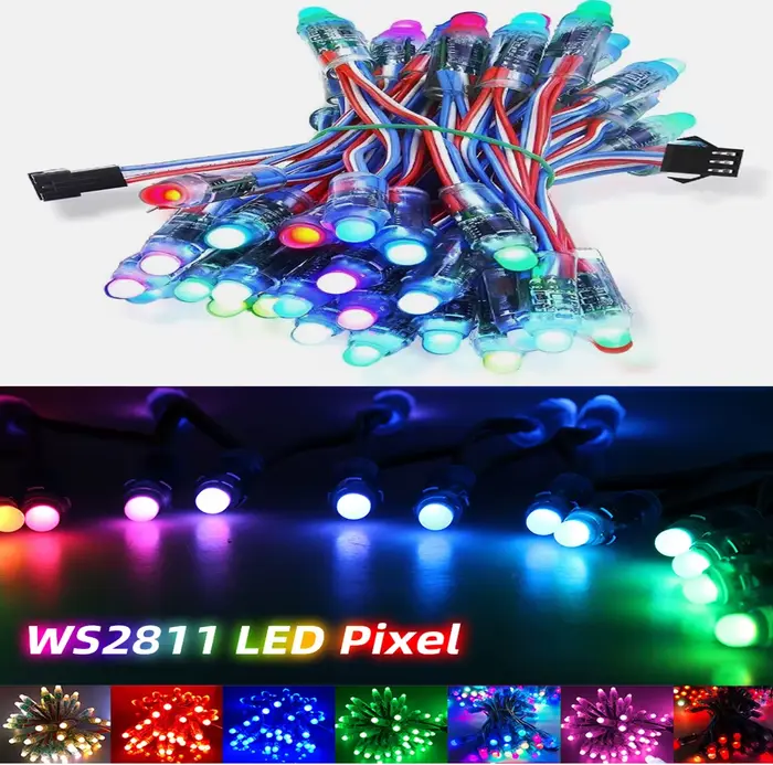 50pcs DC 5V 12V WS2811 Module de lumière de pixel LED polychrome 12mm 10cm fils IP68 étanche RGB cou