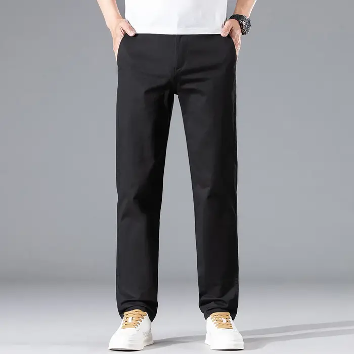 Pantalon Chino Homme Printemps-Été en Coton (97%) Coupe Droite Couleur Unie Kaki – Style Décontracté