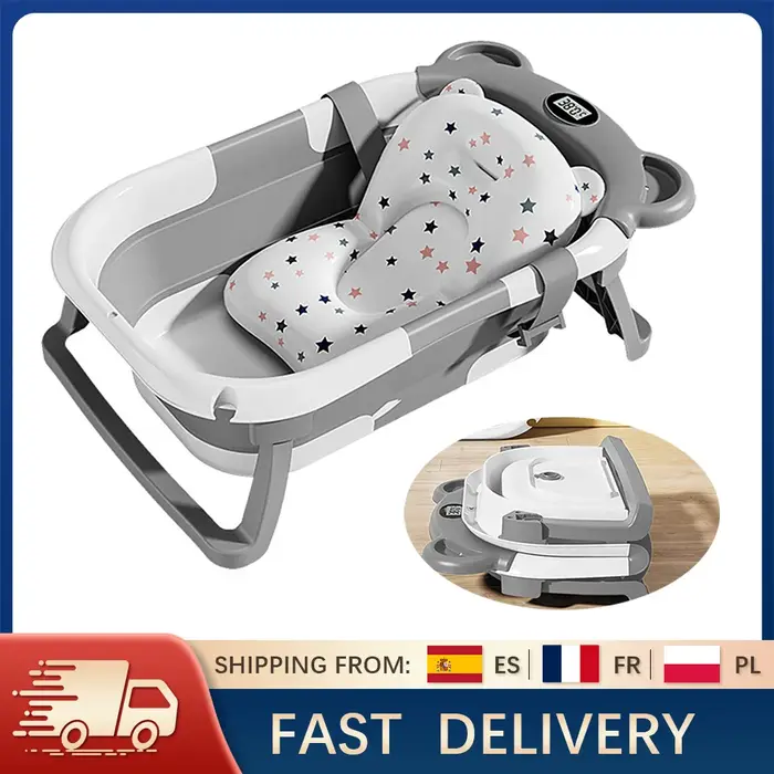Baignoire pliable pour bébé avec thermomètre, tapis de bain antidérapant, Support de coussin, baigno