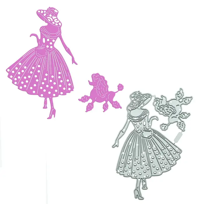 Pochoir de découpe en métal, élégant femme avec chien caniche, pochoir pour Scrapbooking, décoration