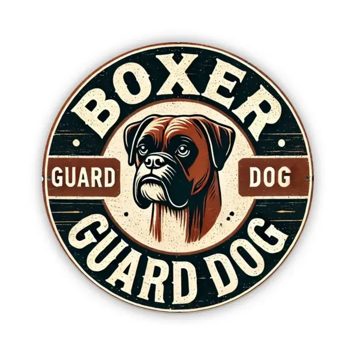 Panneau métallique «Boxer Guard Dog » vintage – décor rustique plat 2D |   Avec des Branches de Pin 