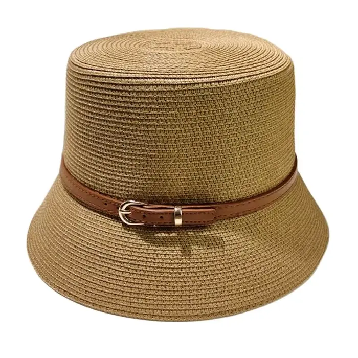 Chapeau de plage en paille pour femme, casquette de soleil, protection UV, dessus plat, décoration d
