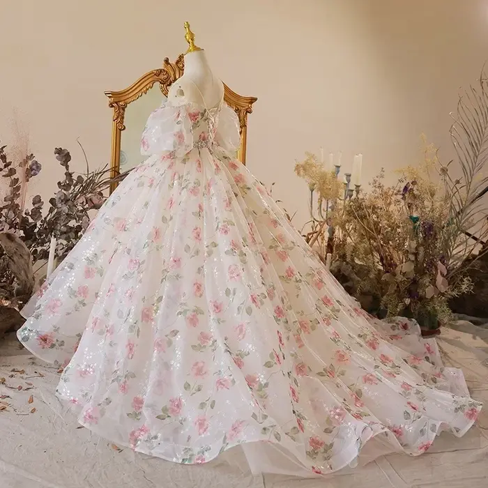 Robes pour enfants pour mariage, robe longue florale pour demoiselle d'honneur, robe de soirée vinta