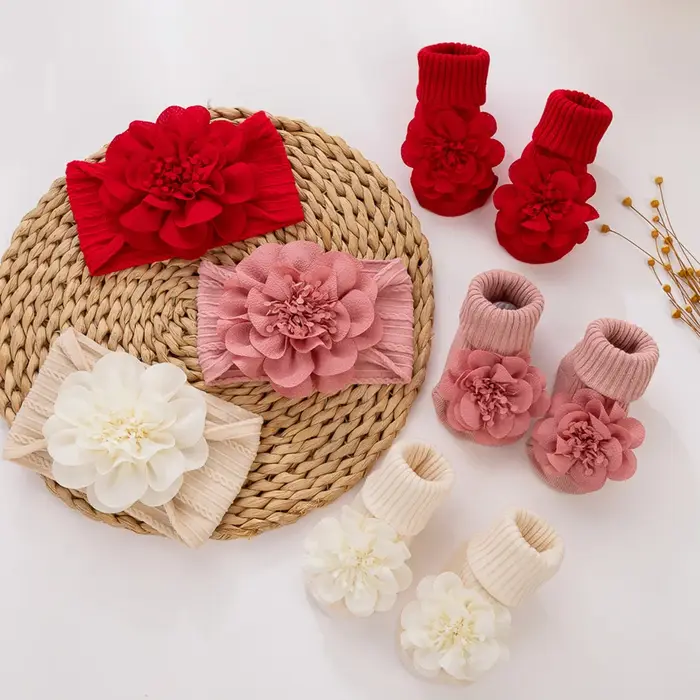 3 pièces/ensemble dentelle fleur bébé bandeaux chaussettes coton antidérapant cheville 0-12M bas lar