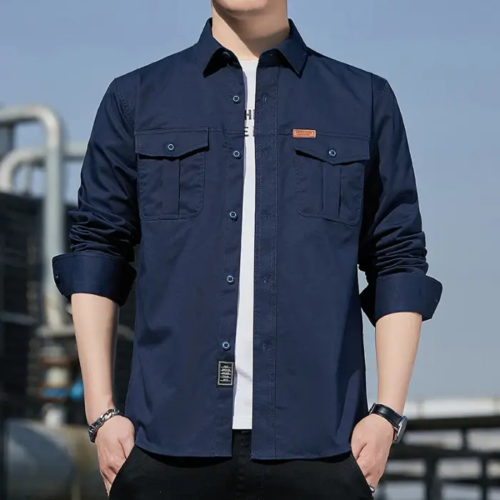 100% coton nouvelle chemise Cargo pour hommes à manches longues 2 poches chemises en plein air Blous