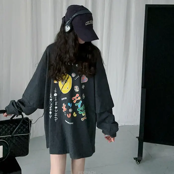 Mode adolescent haute rue vêtements T-shirt robe jeune femme fille à manches longues T-shirt gris foncé à la mode printemps vêtements Streetwear