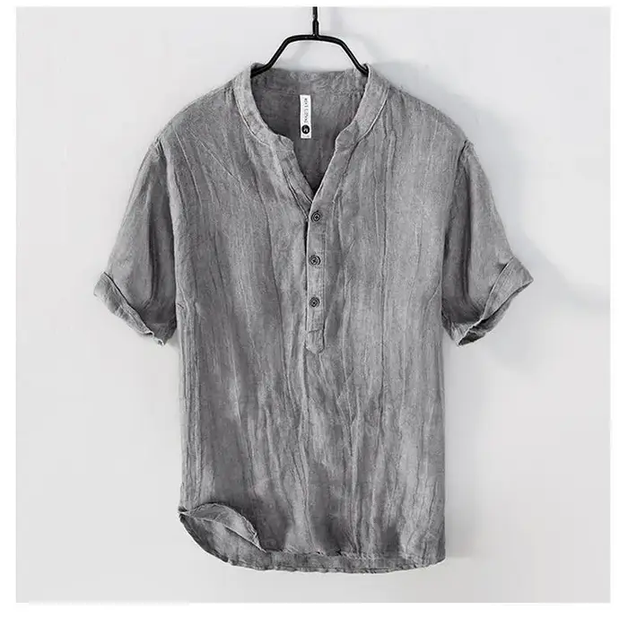 Chemise décontractée homme 2026 nouvelle collection été en coton et lin couleur unie à manches court