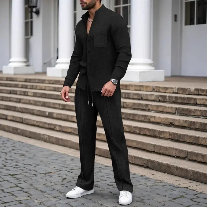 Nouveau costume d'automne pour hommes, chemise gaufrée à manches longues de couleur unie avec cardig