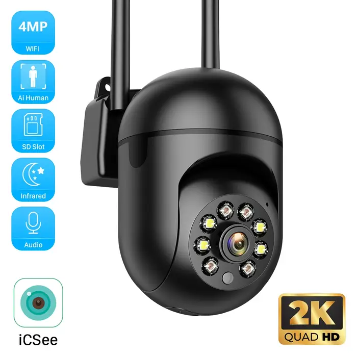 Caméra IP WiFi PTZ iCSee 4MP 2K surveillance extérieure détection IA suivi automatique vision nocturne