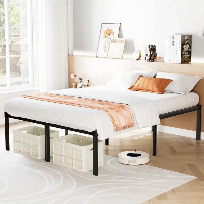 JIAN-Cadre de lit simple en métal avec espace de rangement, support à lattes en acier robuste, 350lb