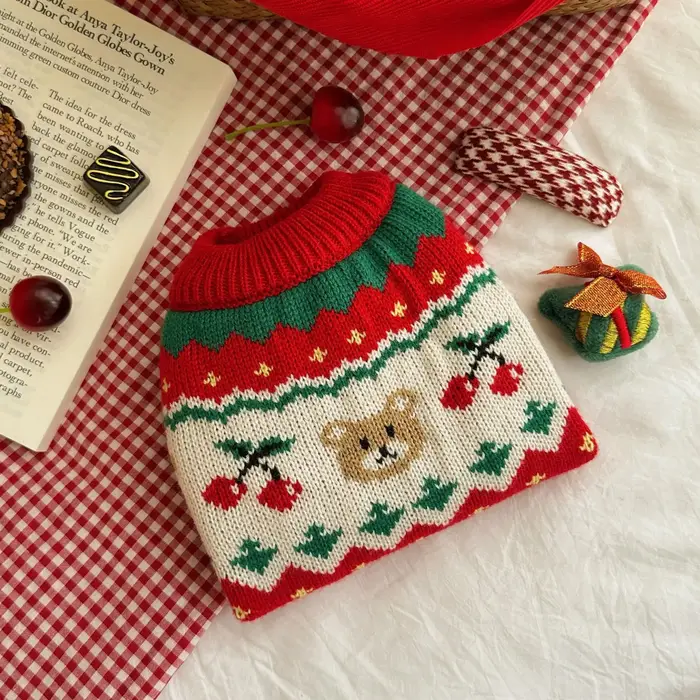 Pull d'hiver de noël rouge cerise pour petit et moyen chiot chien chat vêtements doux