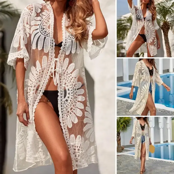 Poncho plage été dentelle mesh - Kimono ouvert femme maillot de bain - Blouse cardigan vacances sexy