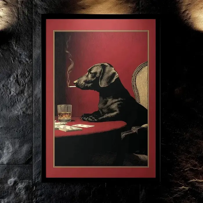 Affiche de chien fumant, art mural d'animal drôle rétro, chien noir cool avec impression de cigarett