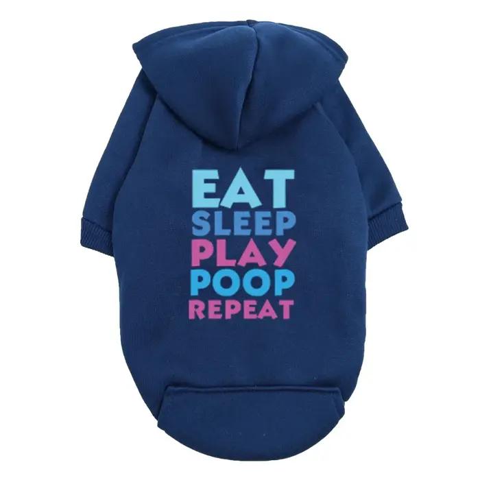 Sweat à capuche pour chien bleu marine - Design humoristique "Eat Sleep Play Poop" - Vêtements pour 