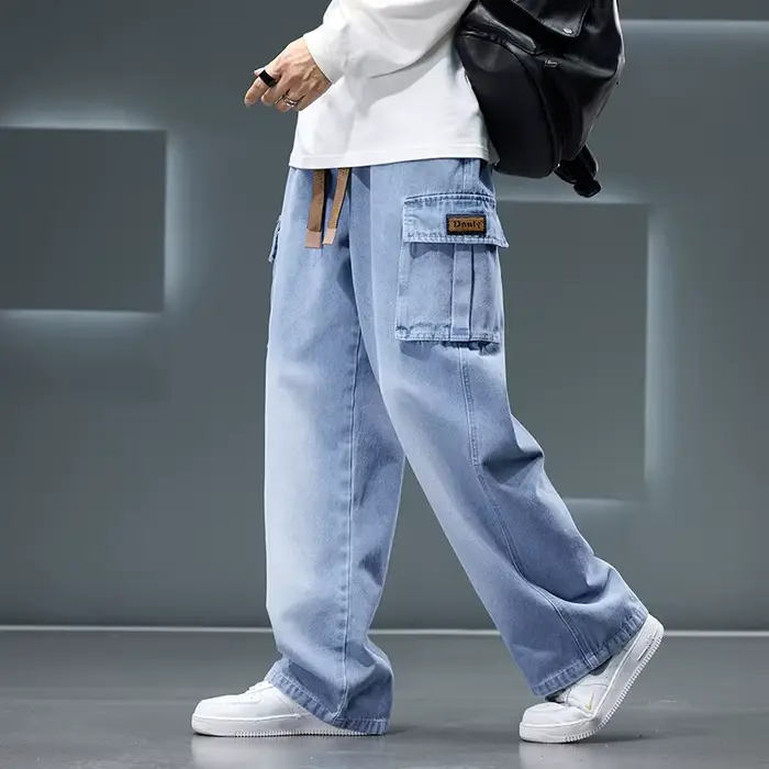 Automne nouveau jambe large lavage Jean pantalon hommes pantalon neutre couleur unie ample décontrac