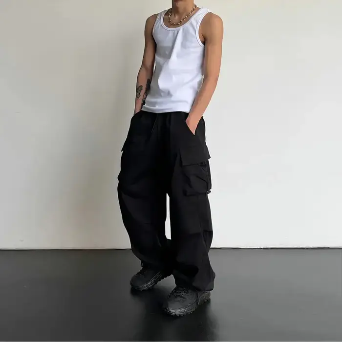 Pantalon cargo style américain casual streetwear cordon travail tendance ample polyvalent droit