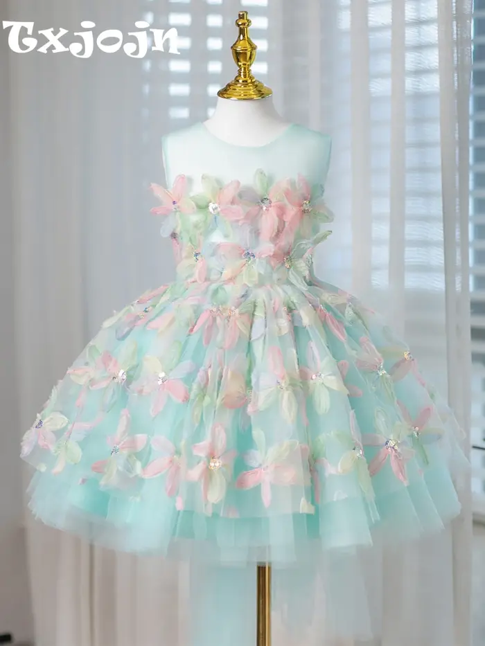Robe de princesse colorée à fleurs 3D pour enfants, 80-160cm, élégante, col rond, sans manches, avec
