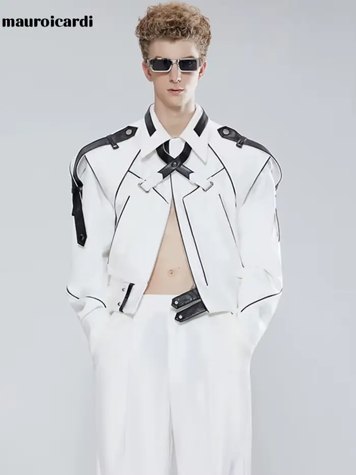 Mauroicardi-Veste courte en cuir patchwork pour homme, manches longues, piste, cool, luxe, vêtements