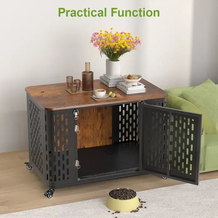 Caisse pour animaux de compagnie avec coussin, chenil en bois, roues flexibles, meubles polyvalents 