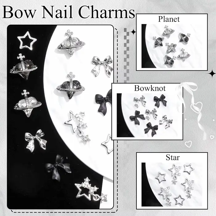 122 pièces étoile ongles breloques 3D argent ongles breloques alliage arc breloques cristal Starligh
