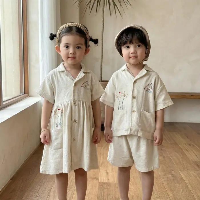 Nouvel ensemble d'été pour enfants style vacances : Robe trapèze en lin brodée bateau à voile pour f