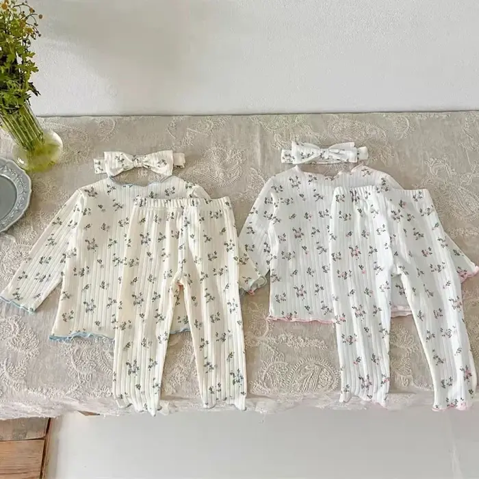 ‌ Nouveauté bébé filles imprimé fleuri coton pyjama ensemble à manches longues dentelle garniture de