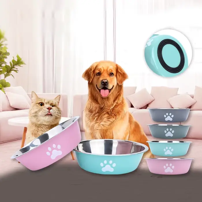 Nouveau bassin pour chien en acier inoxydable imprimé patte fournitures pour animaux de compagnie bol pour chat bol pour chien conception antidérapante en silicone bol d'alimentation pour eau potable 