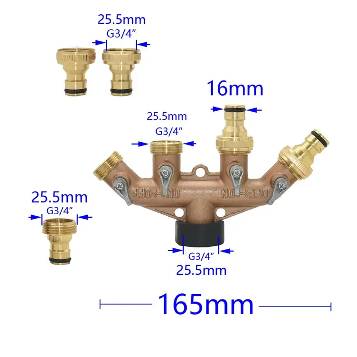 Séparateur de tuyau d'eau de jardin à 4 voies en laiton avec filetage 3/4 ", robinet de jardin Shunt