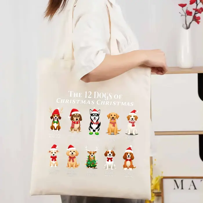 Sac fourre-tout en toile, couleur crème, personnages de chiens festifs et conception de texte pour 1