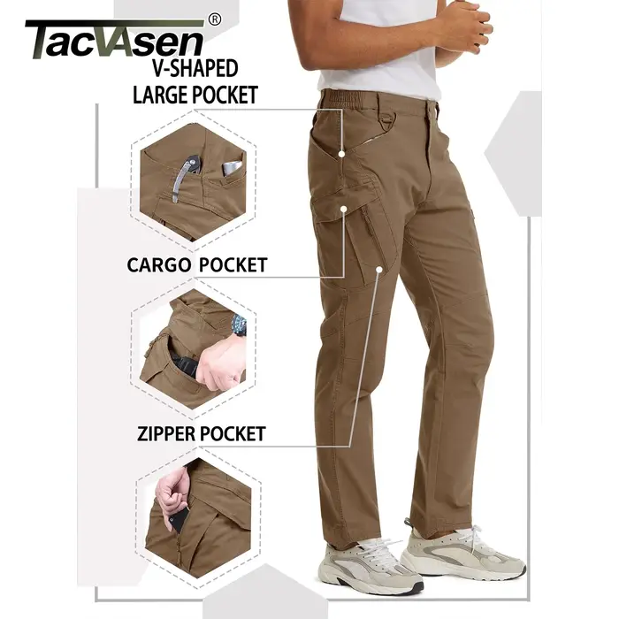 Pantalon cargo TACVASEN IX9 homme multi-poches travail coton stretch décontracté entraînement randonnée outdoor