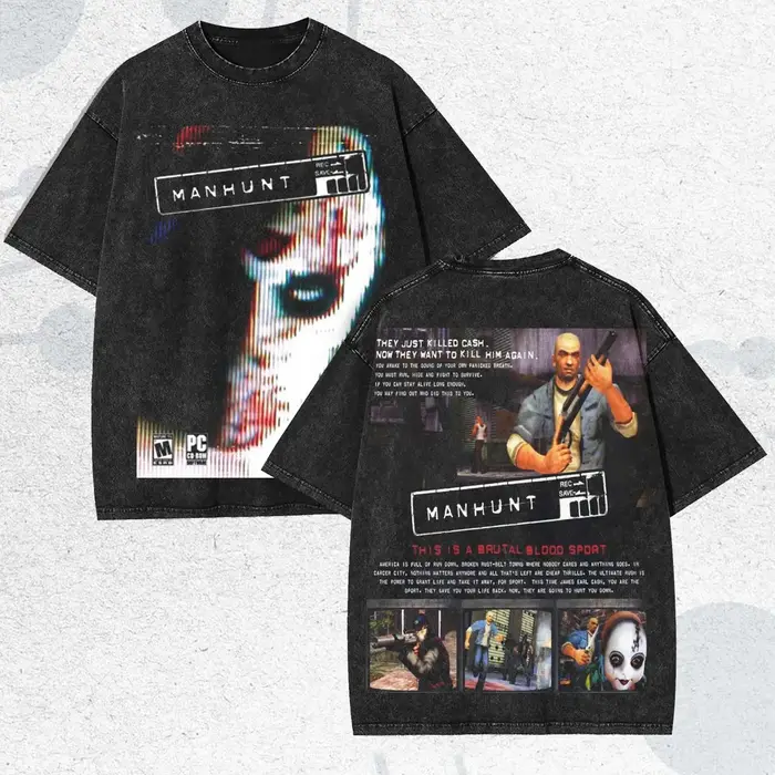 T-shirt imprimé graphique délavé 2026 Hot Vintage Manhunt Violent Horror Game, style rétro, décontra