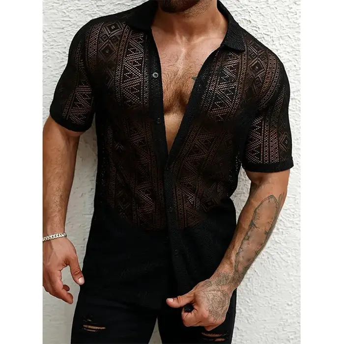 Nouveau Chic hommes Sexy dentelle chemises mode transparent boutonné à manches courtes Cardigan haut