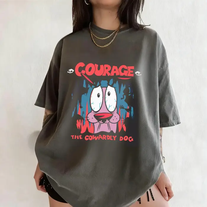 Vintage Courage le chien lâches dessin animé imprimé T-Shirt à manches courtes rétro unisexe graphiq