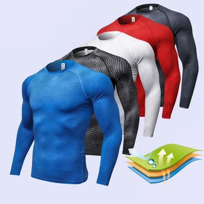 Chemises à manches longues pour hommes, vêtements serrés élastiques à séchage rapide, T-Shirt de gym
