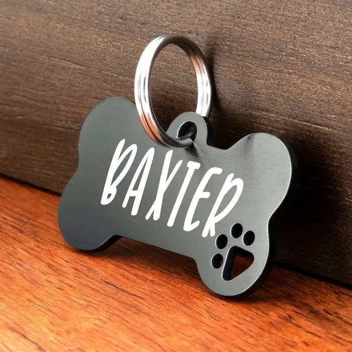 Étiquette d'identification de chien, nom gravé personnalisé, noir argent, pour chats, os, cadeau pou