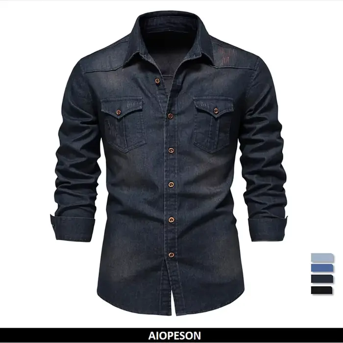 AIOPESON marque chemise en denim de coton élastique pour hommes manche longue Chemises de cow-boy de