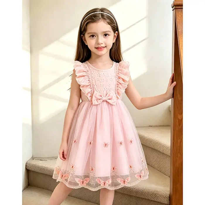 Robe de princesse mignonne avec imprimé floral et broderie pour filles de 4 à 7 ans, ajustement parfait, col rond, longueur aux genoux, occassions spéciales