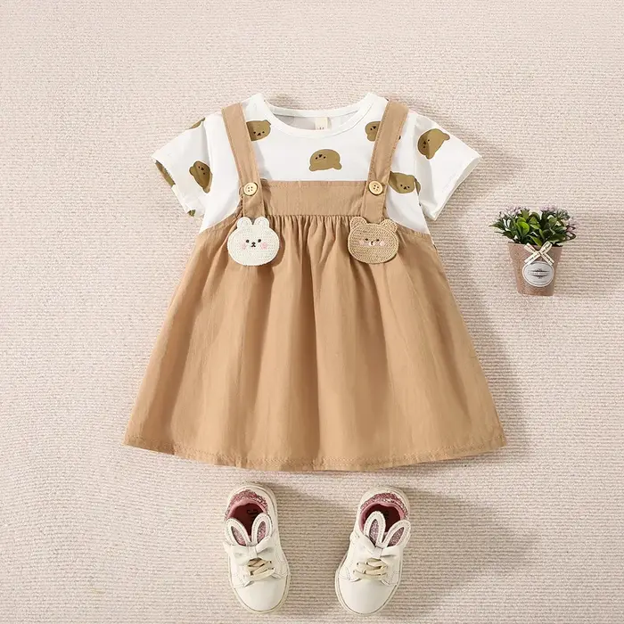 Robe d'été en coton pour petites filles, imprimé ours en peluche, manches courtes, fausse robe à bre