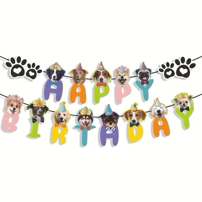 Guirlande d'anniversaire pour chiens mignons, bannière de fanions avec visages de chiens amusants, d