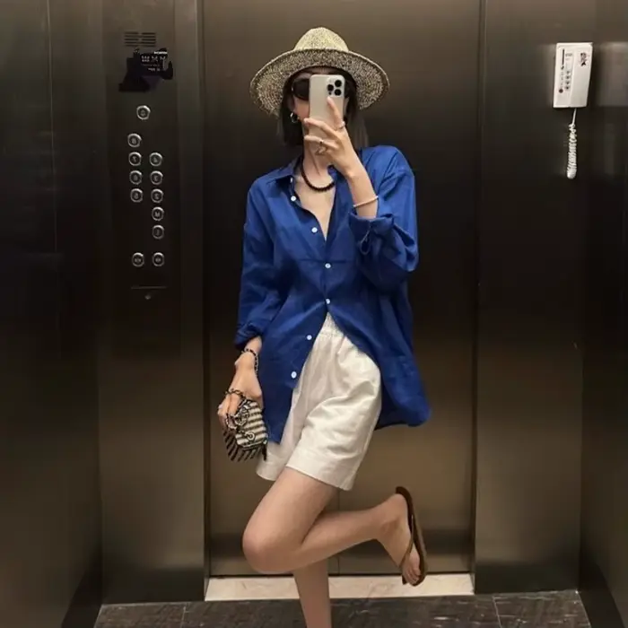 Chemise française à manches longues en lin pour femmes, haut de protection solaire fin et ample pour