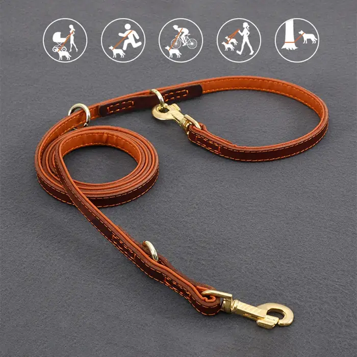 Laisse double pour grands chiens en cuir véritable