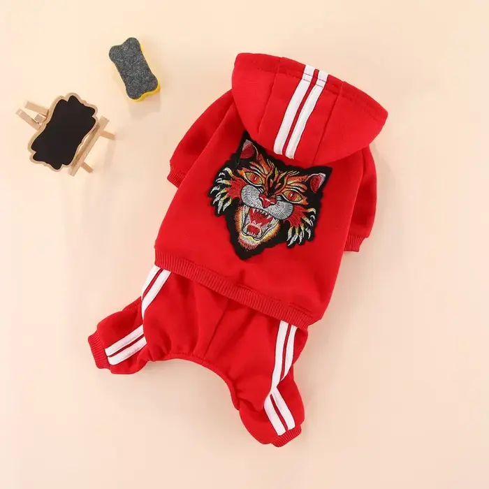 Combinaison à capuche pour chien avec broderie de tigre, sweat-shirt rayé à quatre pattes pour petit